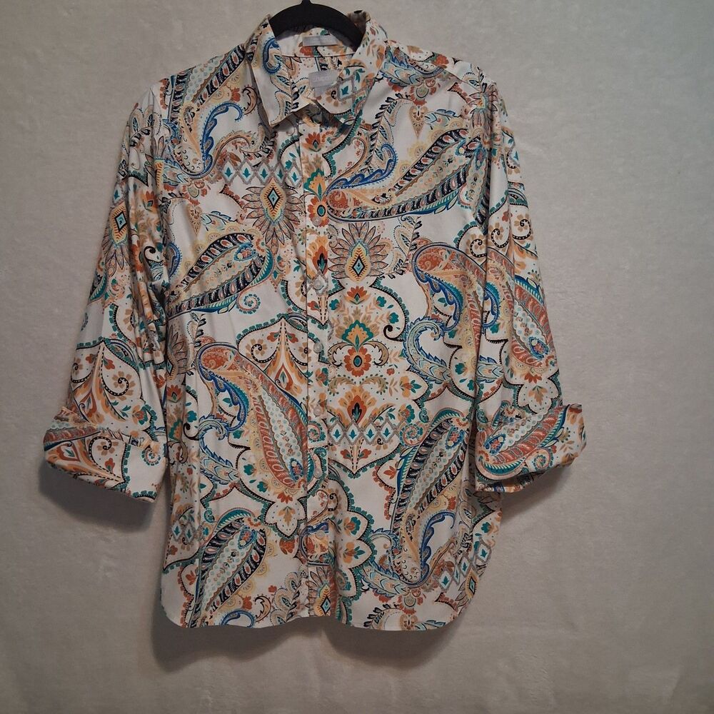 Chicos 1.5 (10) Top Button Front Paisley Cotton Stretch Office Preppy Boho Work
